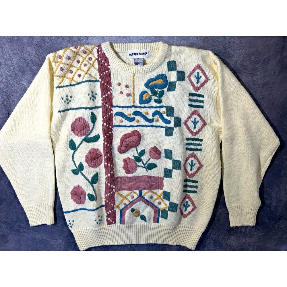 Vintage 90s Alfred Dunner Women’s XL Ivory Floral Embroidered Cottagecore Sweate